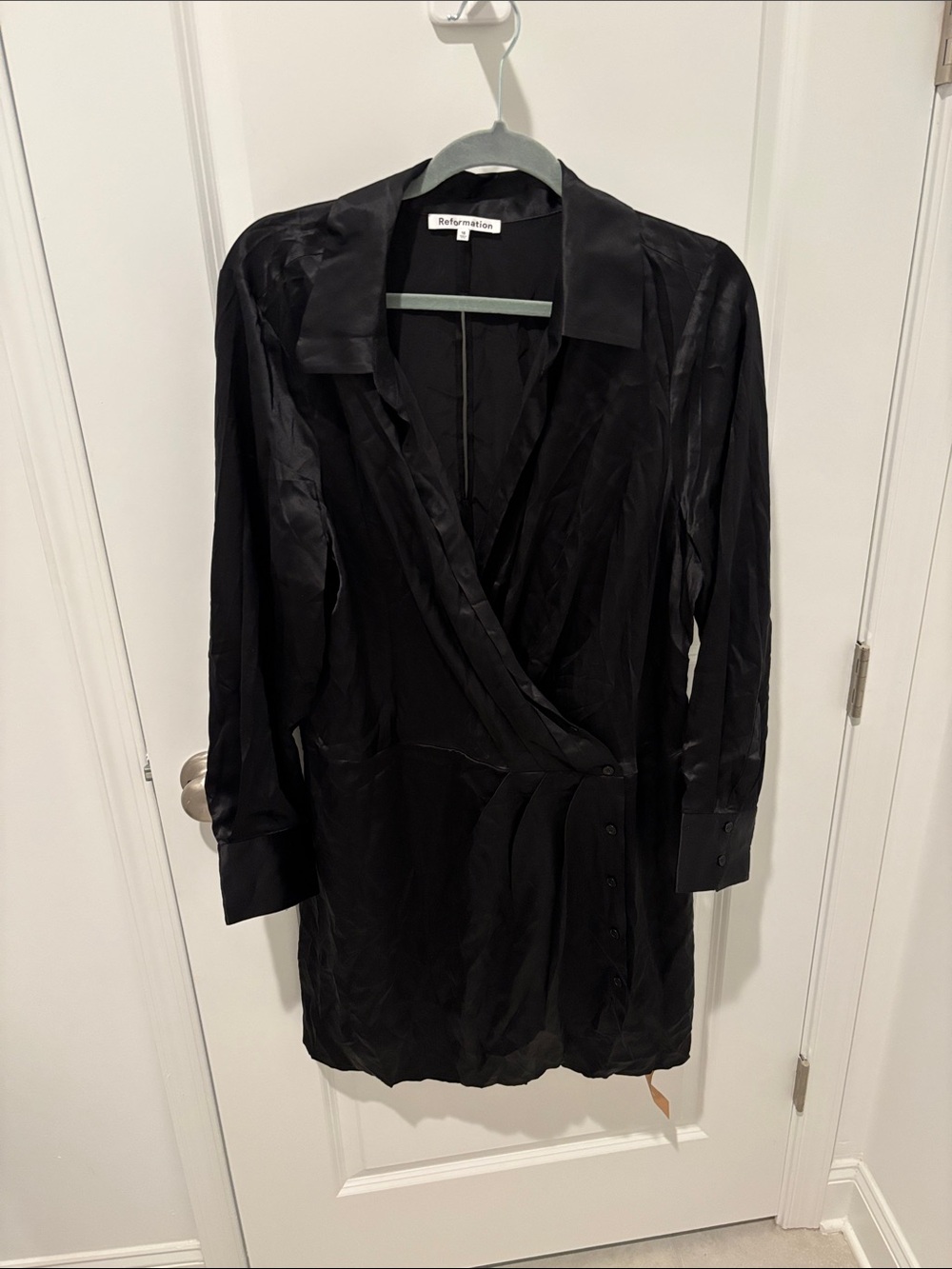 Reformation Black Satin Wrap-Style Long Sleeve Dress